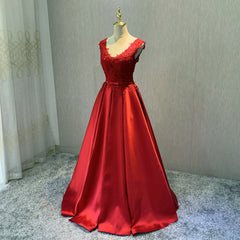 Red Satin V-neckline Floor Length Prom Dress