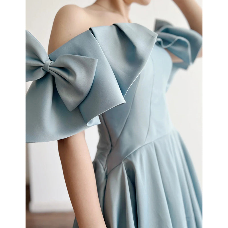 Blue Satin Off Shoulder Long Prom Dress with Bow