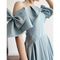 Blue Satin Off Shoulder Long Prom Dress with Bow