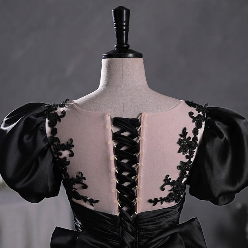 Black Satin A-line Floor Length Long Party Dress with Lace