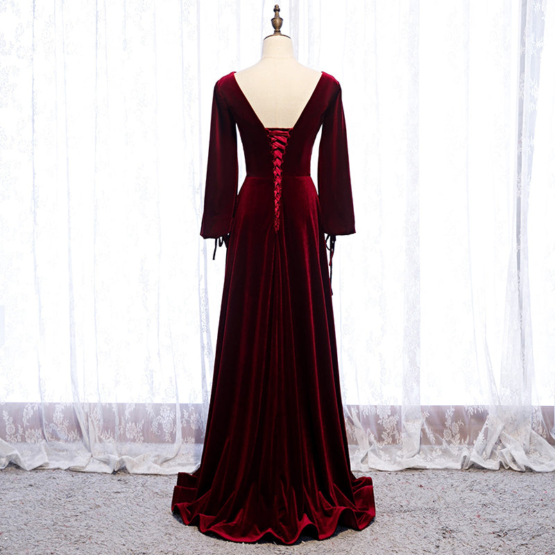 Vestido de fiesta de terciopelo burdeos con mangas largas y corte A 