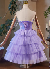 Lindo vestido de fiesta corto de tul y lentejuelas color lavanda 