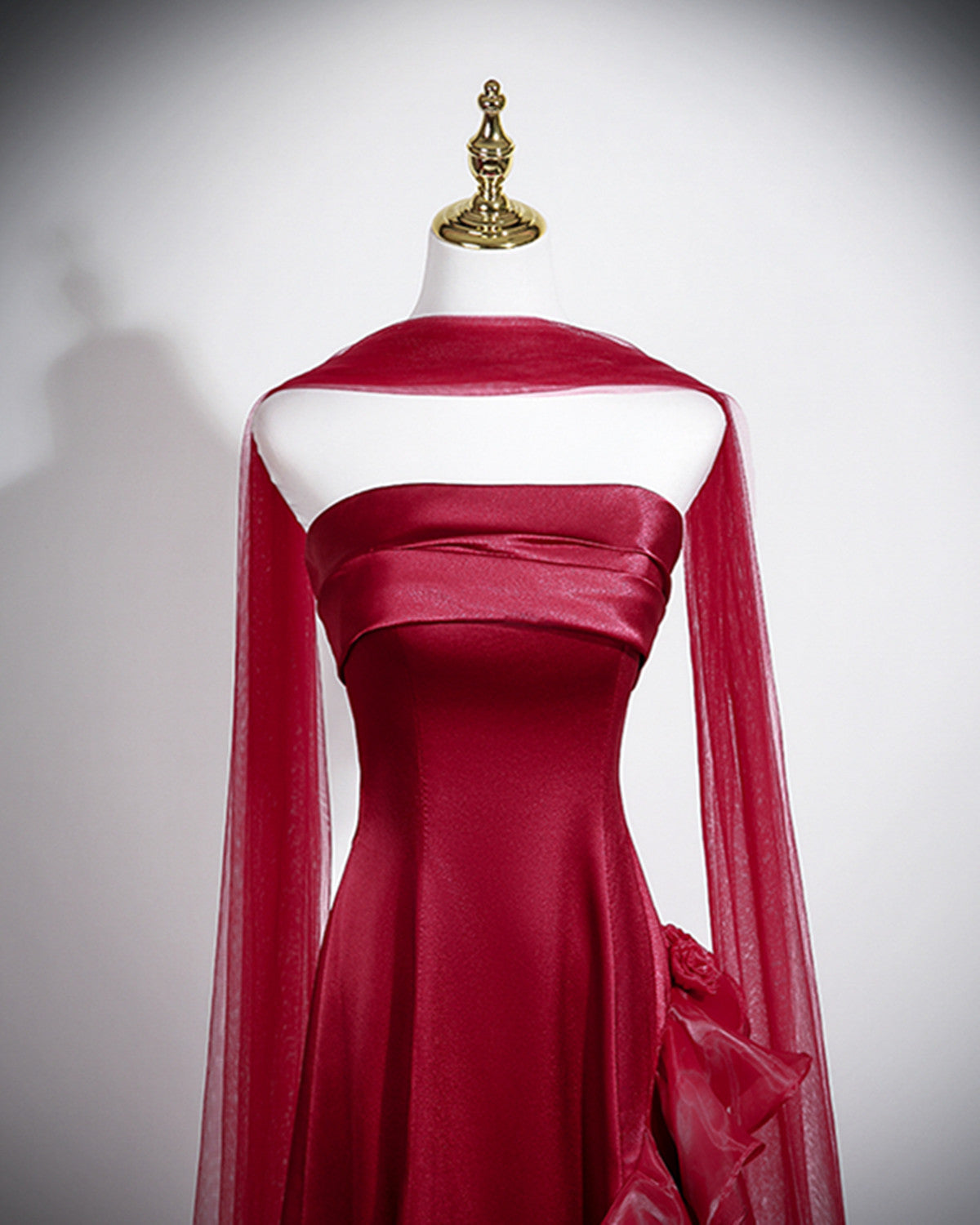Strapless Wine Red Formal Gown With Organza Skirt