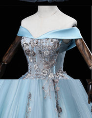 Light Blue Off Shoulder Flowers Tulle Long Party Dress