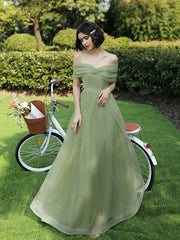Green Off Shoulder Tulle Long Party Dress