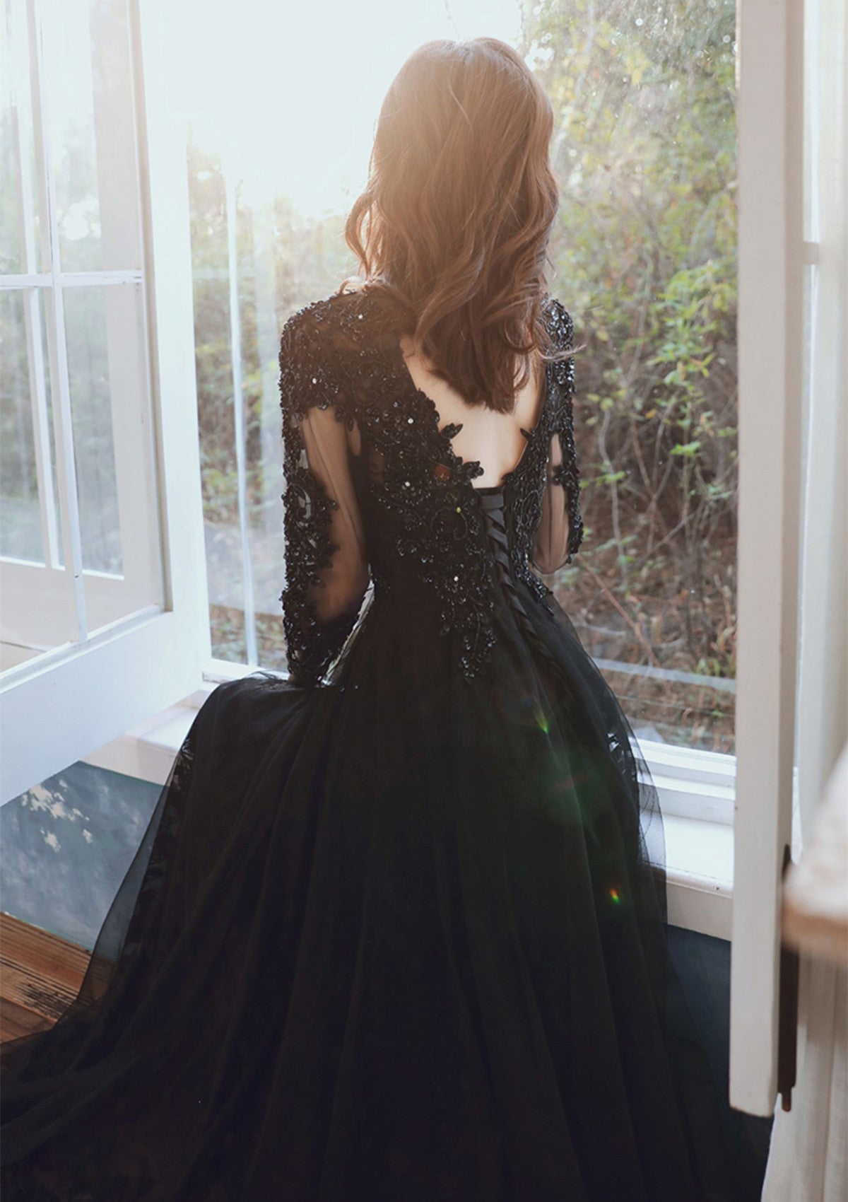 Vestido de fiesta de tul negro con mangas largas y encaje, corte A 