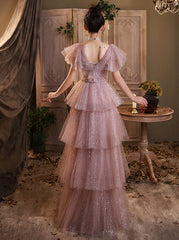 Vestido de fiesta de manga corta de tul brillante rosa oscuro 