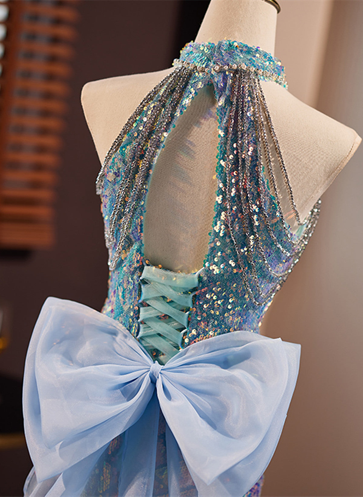 Blue Mermaid Sequins Halter Long Party Dress with Bow