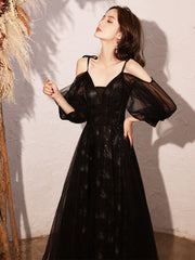 Black V-neckline Straps A-line Long Lace-up Prom Dress