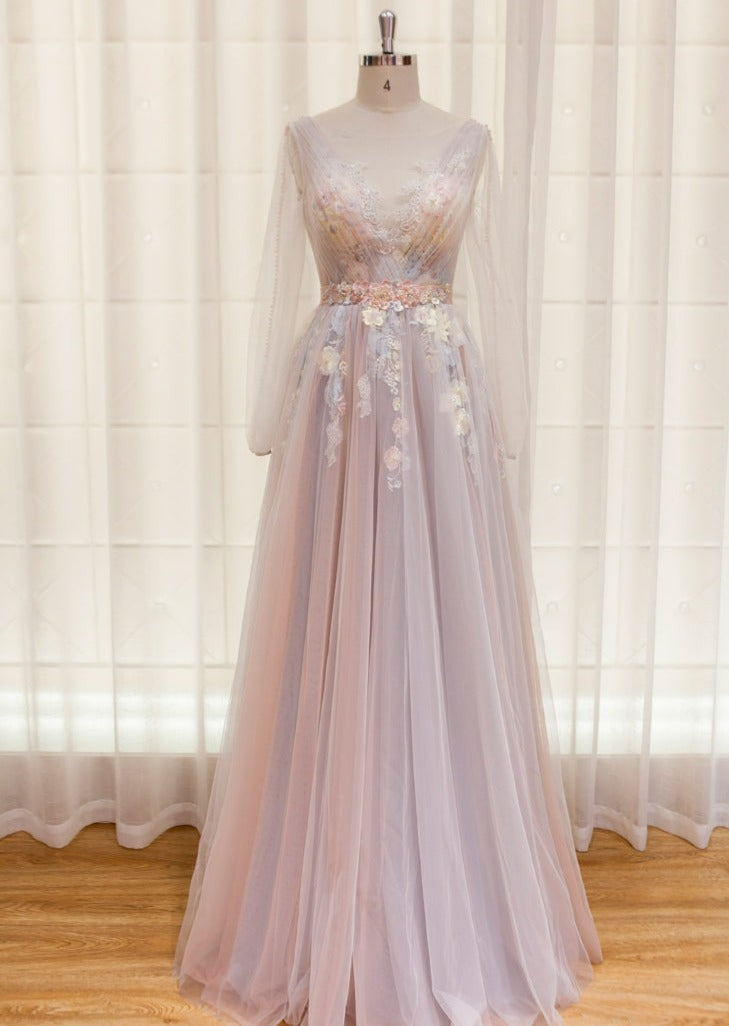 Elegante vestido de fiesta rosa con encaje de flores, vestido de noche sexy con cuello en V y espalda descubierta de tul. 