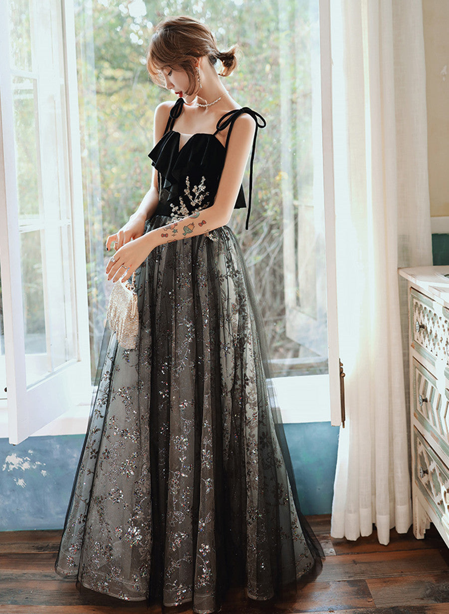 Black A-line Tulle Straps Long Party Dress
