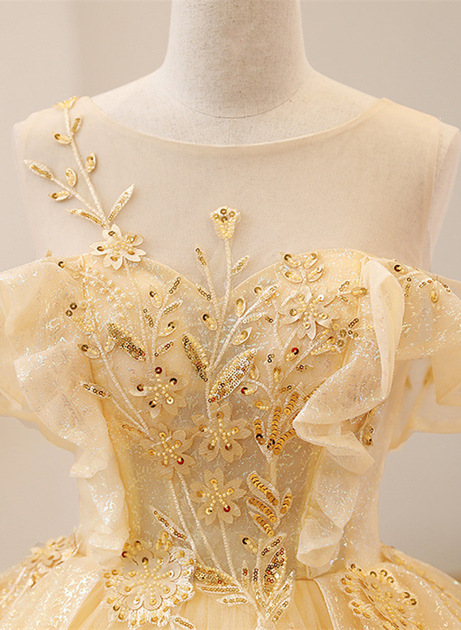 Light Yellow Tulle with Beadings and Lace Party Dress