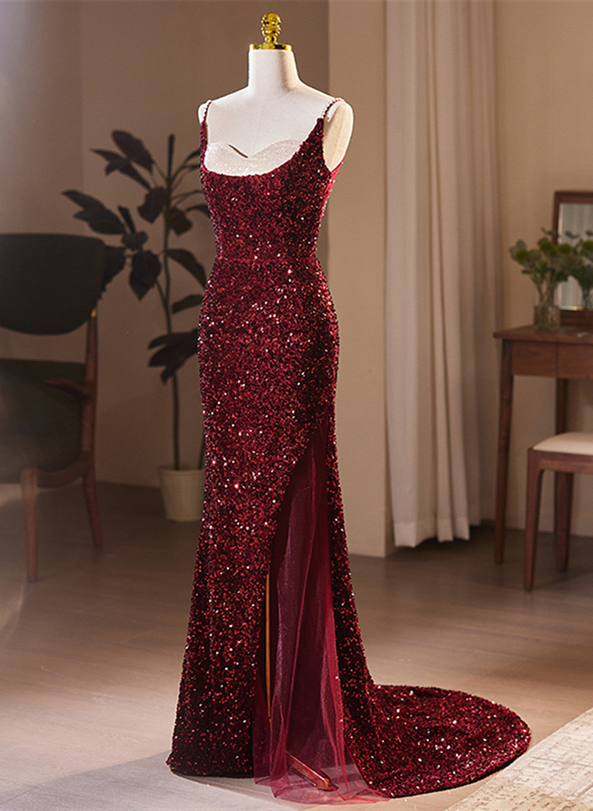 Wine Red Sequins Mermaid Long Formal Dress