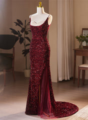Wine Red Sequins Mermaid Long Formal Dress