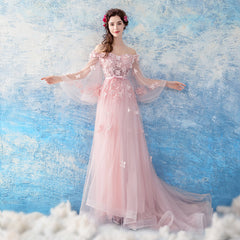 Pink Flowers and Tulle Long Puffy Sleeves Prom Dress
