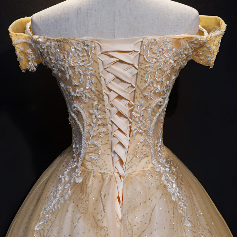 Champagne Lace Off Shoulder Party Dress