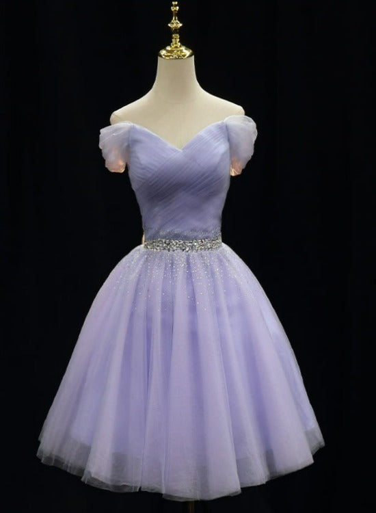 Lindos vestidos de fiesta de tul con cuentas en color morado claro 