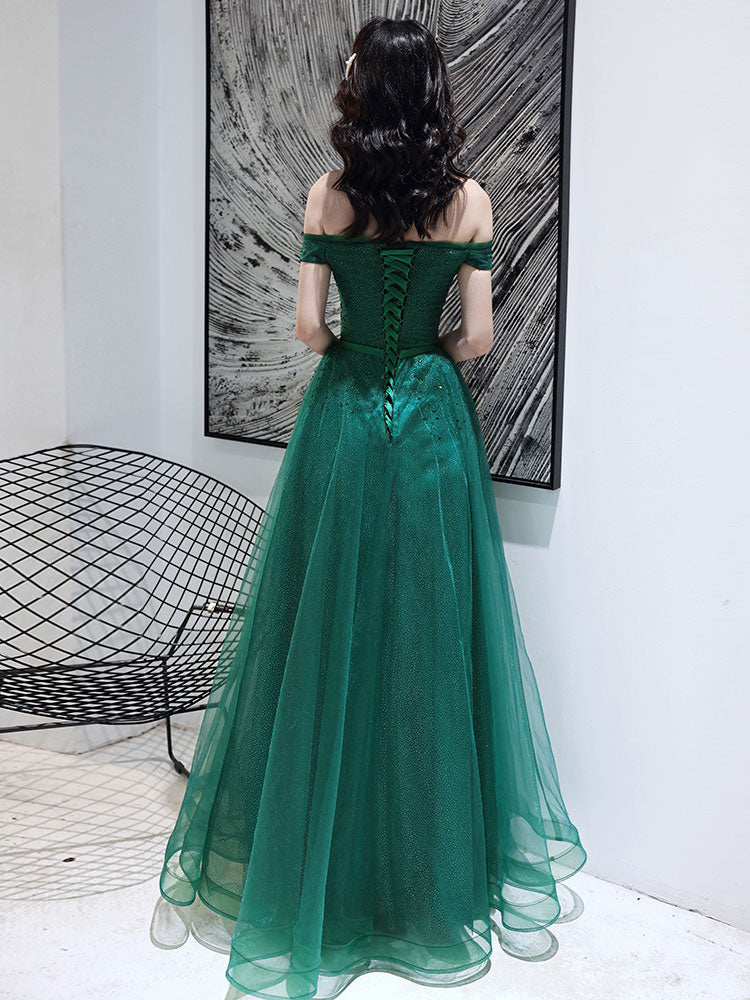 Dark Green Tulle Beaded Off Shoulder Long Party Dresses