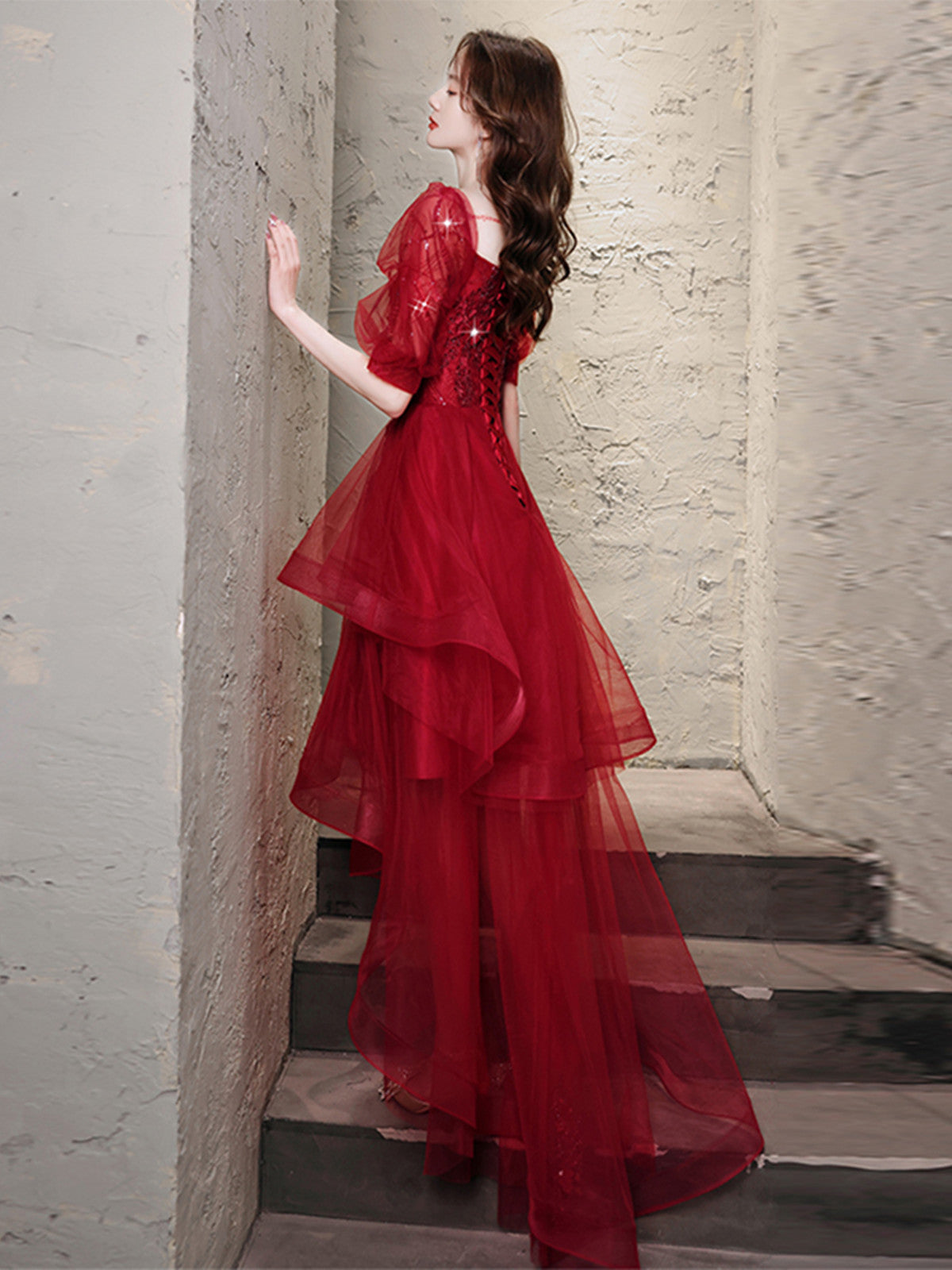 Wine Red High low Short Sleeves Homecoming Dress