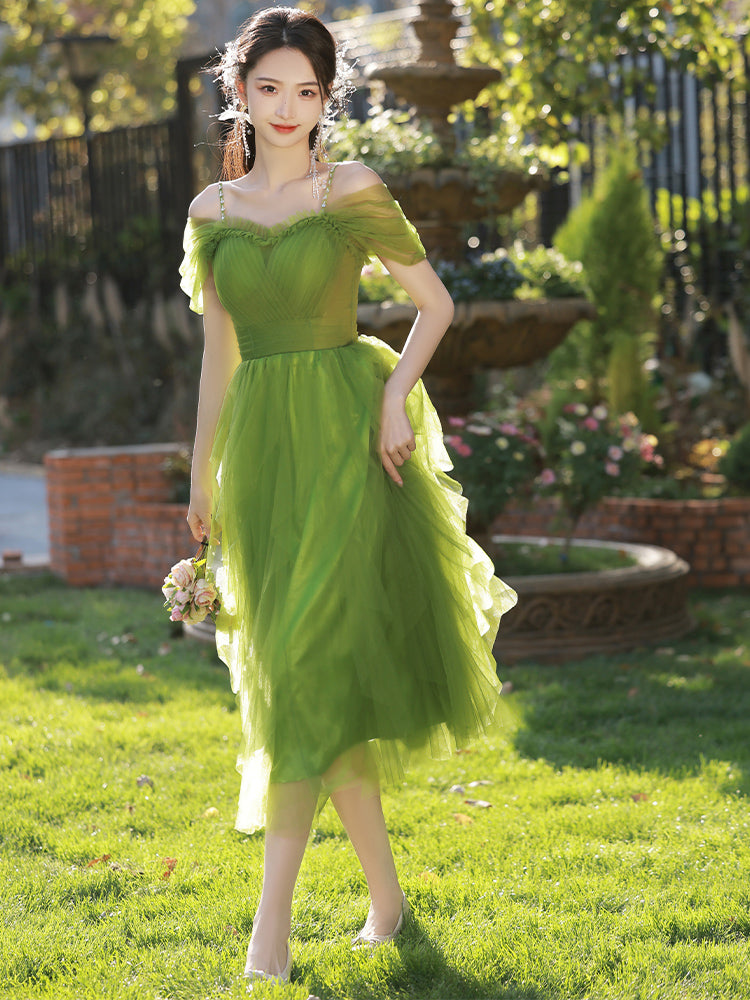 Lovely Green Tulle Beaded Straps Short Party Dress
