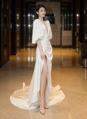 Beautiful White Puffy Sleeves Long Party Dress with Leg Slit