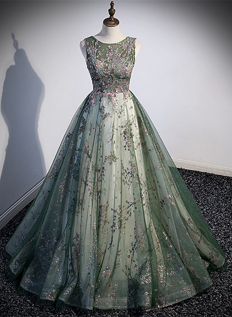 Vestido de fiesta largo de tul verde con escote redondo 