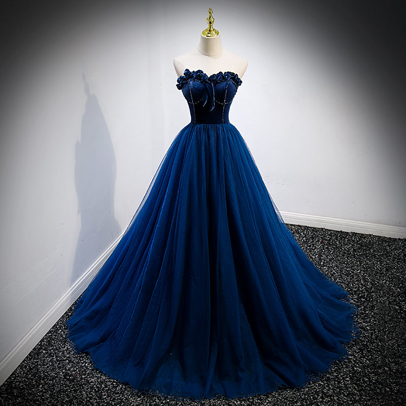 Vestido formal largo de tul y top de terciopelo azul marino 