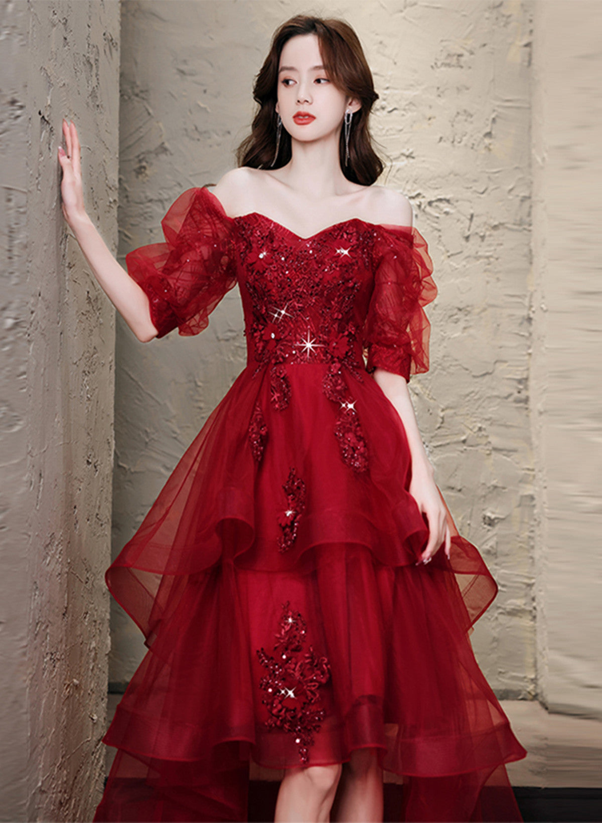 Wine Red High low Short Sleeves Homecoming Dress