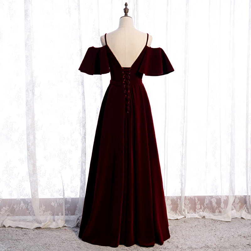 Beautiful Wine Red Velvet Off Shoulder Floor Length Party Dress