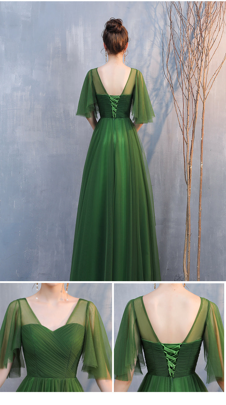 Vestido de noche largo formal de tul verde oscuro con corte A 