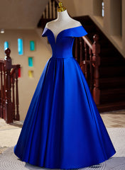 Vestido de noche largo de satén azul real con corte en A 