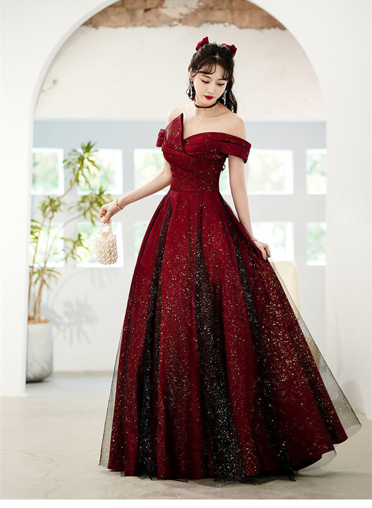 Wine Red and Black Off Shoulder Satin Party Dress