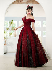 Wine Red and Black Off Shoulder Satin Party Dress