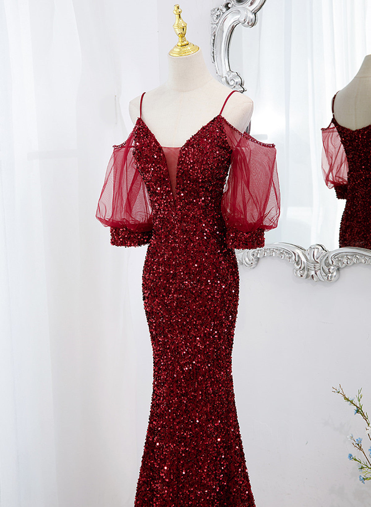 Vestido largo de fiesta estilo sirena de terciopelo rojo vino 