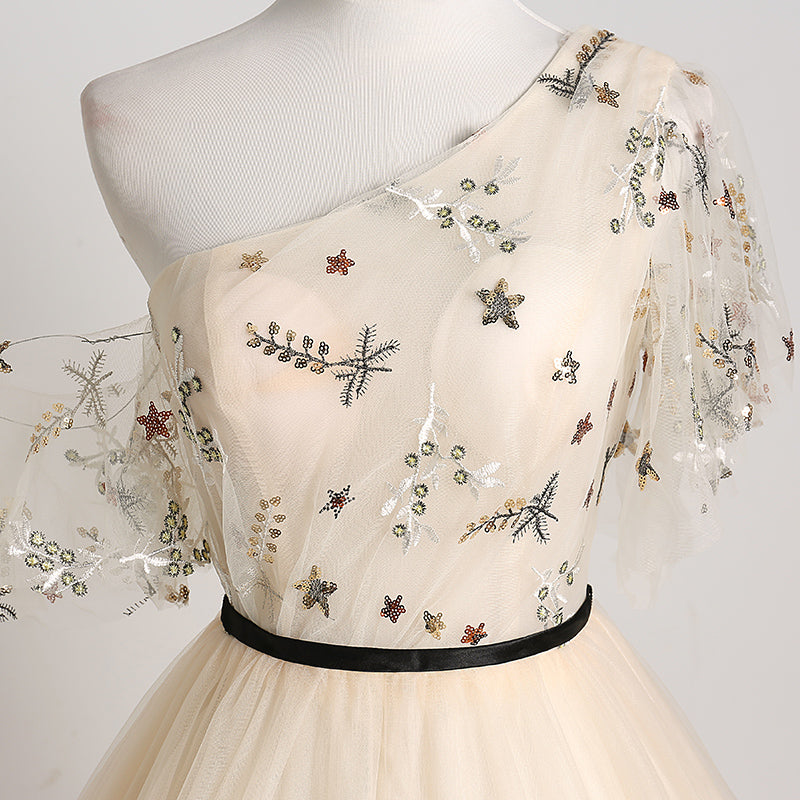 A-line Champagne One Shoulder Prom Dress