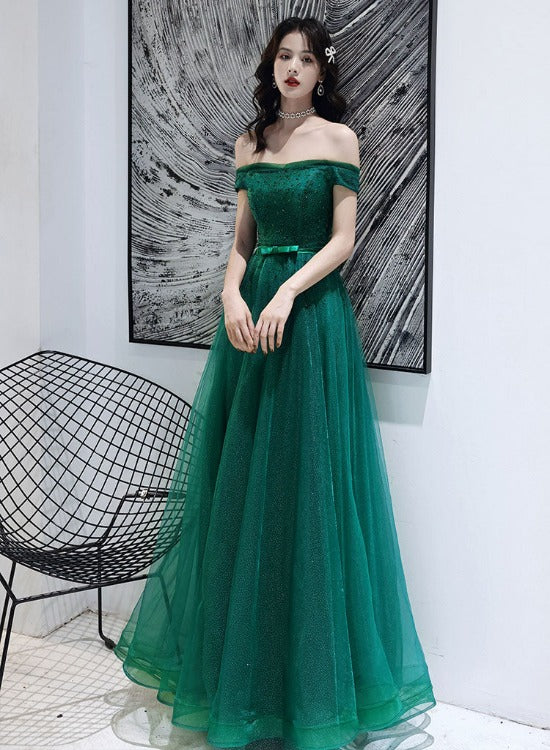 Dark Green Tulle Beaded Off Shoulder Long Party Dresses