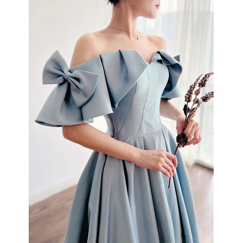 Blue Satin Off Shoulder Long Prom Dress with Bow