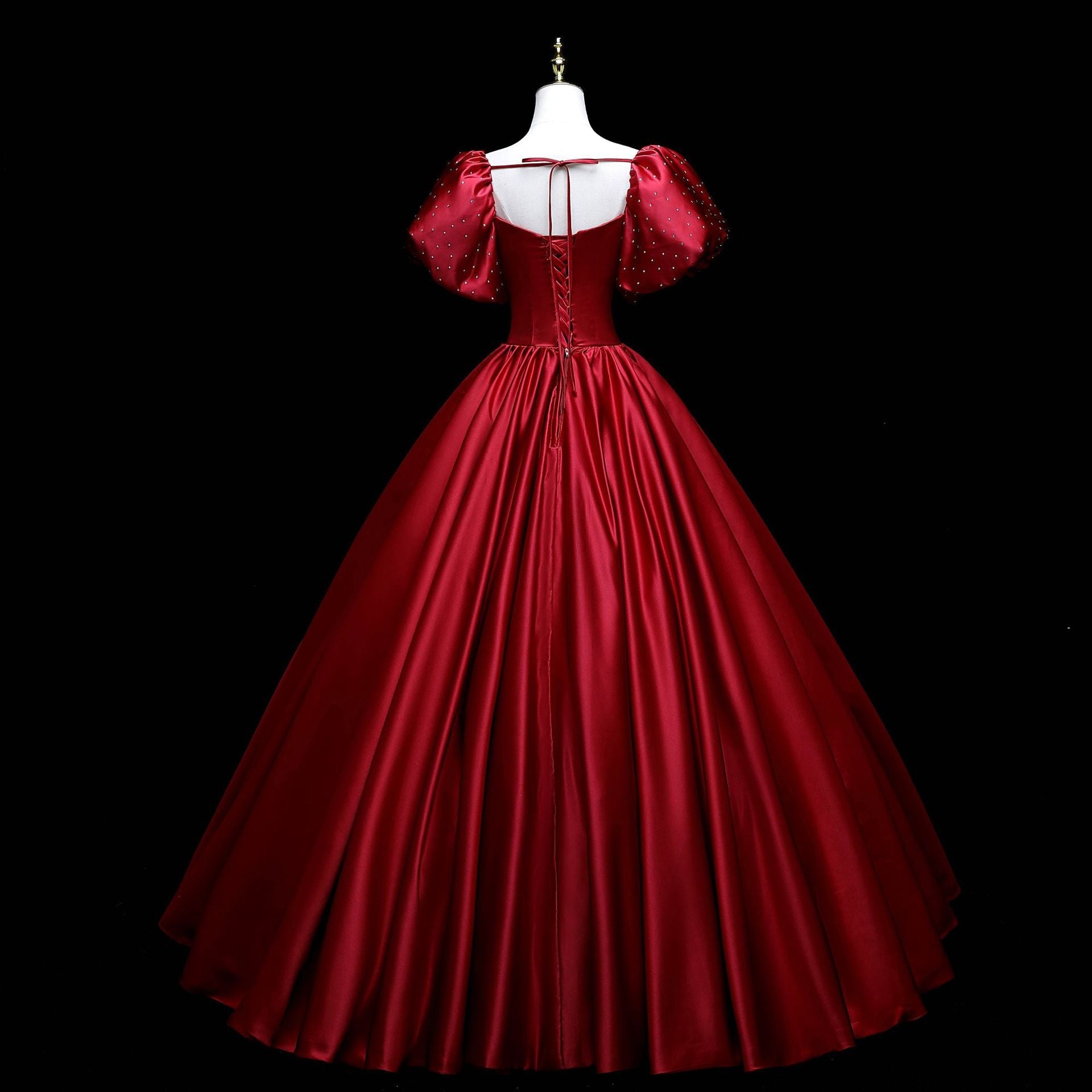 Wine Red Satin Beaded Ball Gown Sweet 16 Dress