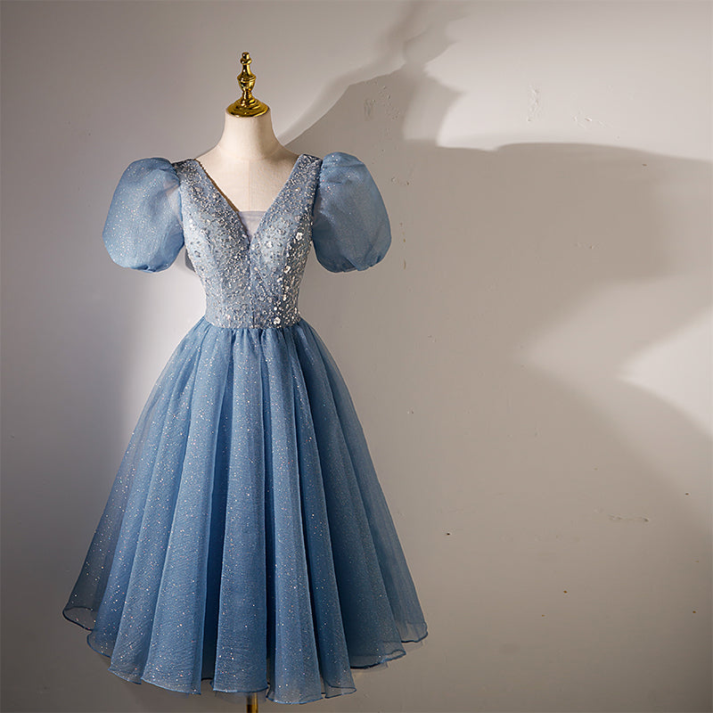 Blue Beaded Tulle Short Sleeves Formal Dresses