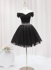 Black Off Shoulder Beaded Tulle Short Prom Dress