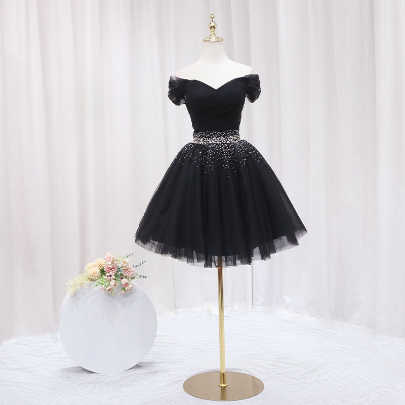 Black Off Shoulder Beaded Tulle Short Prom Dress