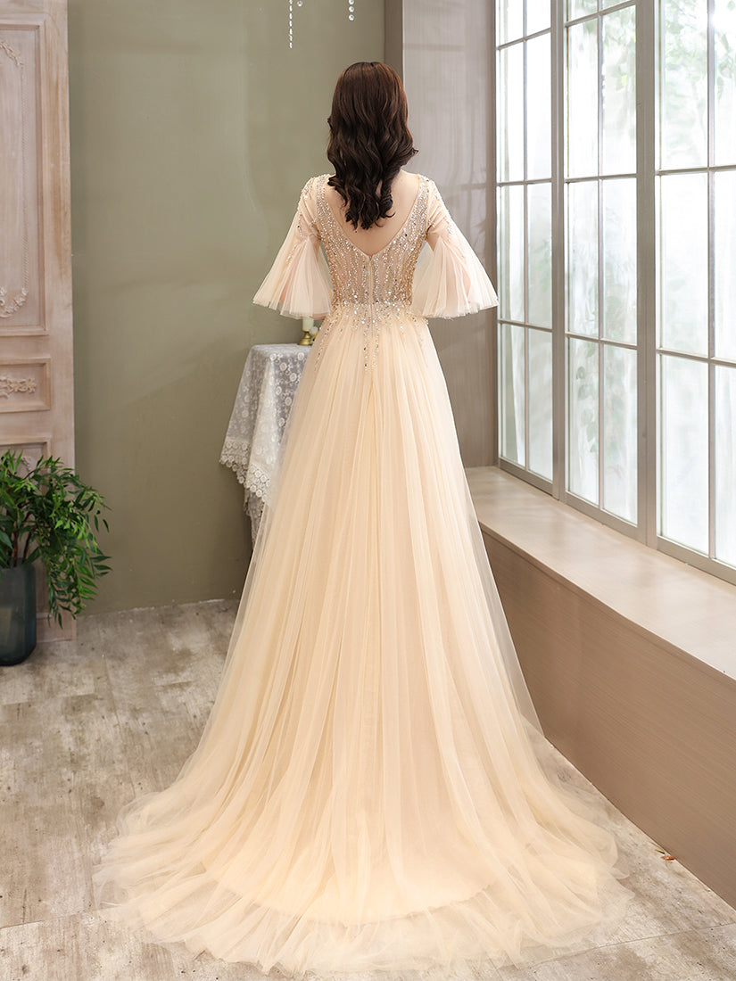 Light Champagne Tulle Slit Beaded Long Prom Dress