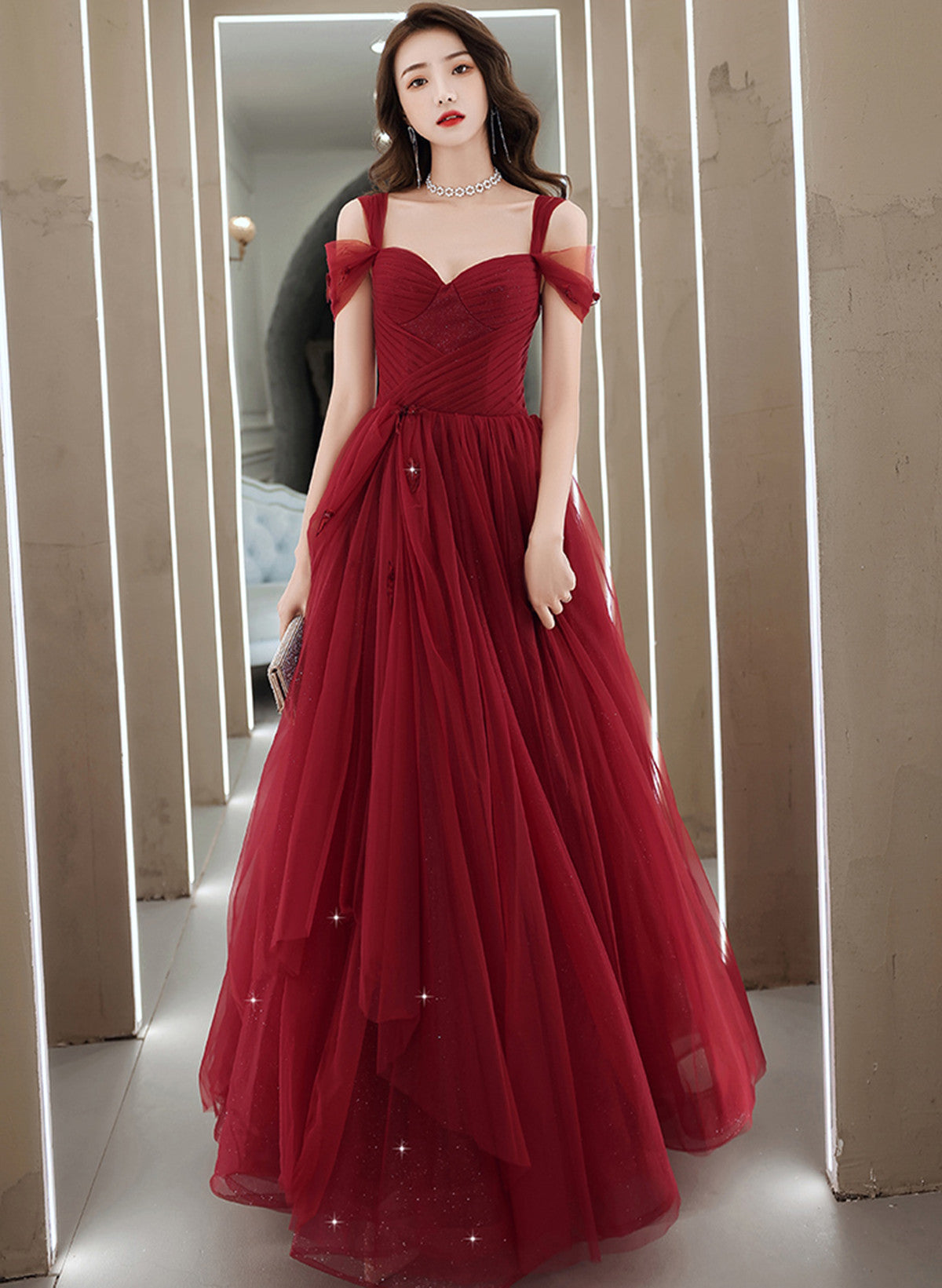 Wine Red Tulle Straps Sweetheart Long Party Dress