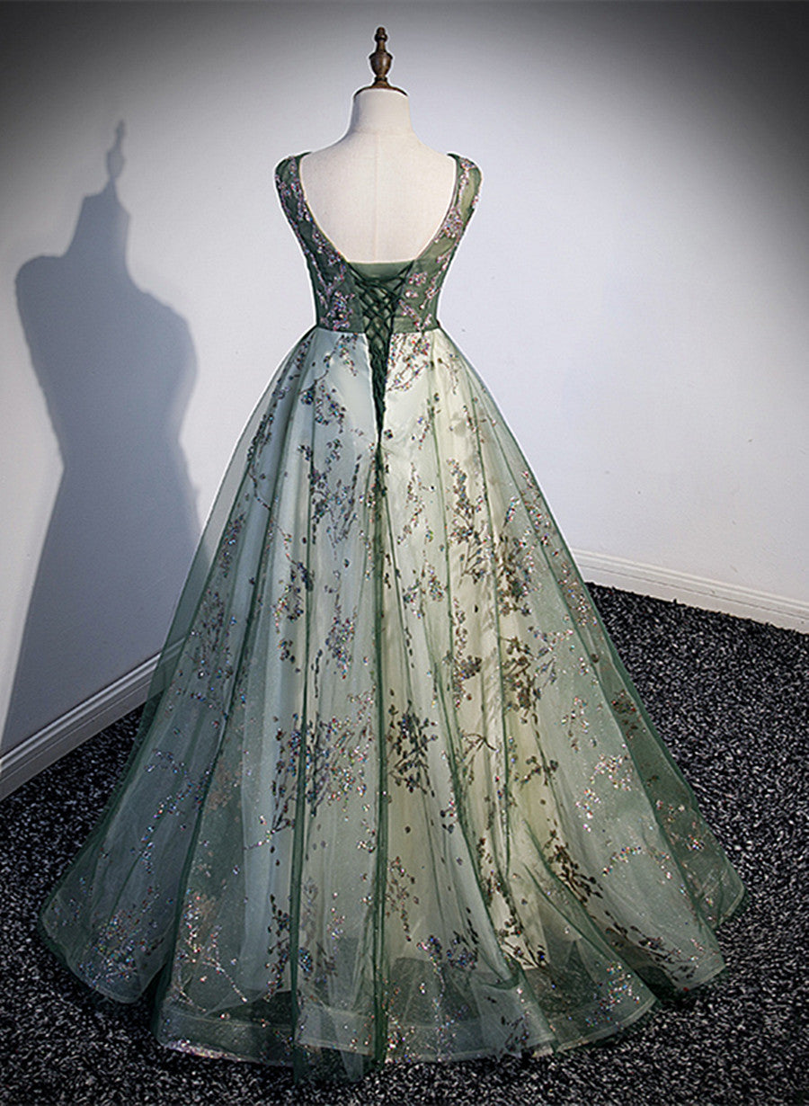 Vestido de fiesta largo de tul verde con escote redondo 