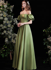 Green Satin Long Prom Dress iwith Short Sleeves