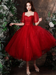 Cute Wine Red Tulle with Lace Tea Length Formal Dress