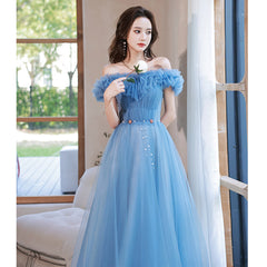 Blue Off Shoulder Beaded A-line Floor Length Party Dress