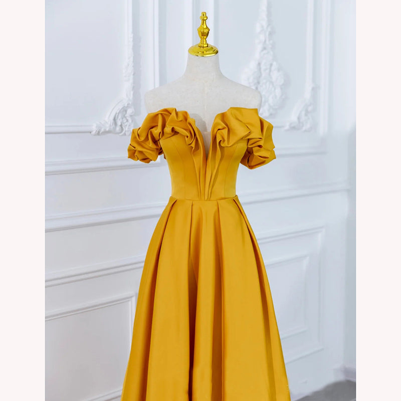 Beautiful Satin Dark Yellow Off Shoulder Party Dress