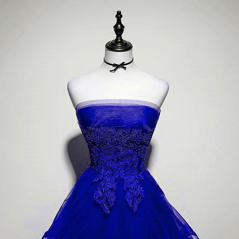 Royal Blue Tulle with Lace Applique High Low Party Dress