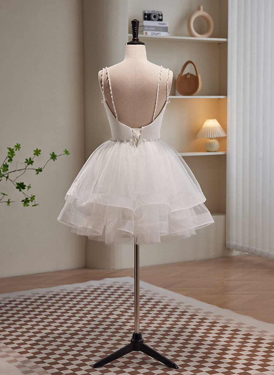 Cute White Short Tulle Beaded Graduation Dress